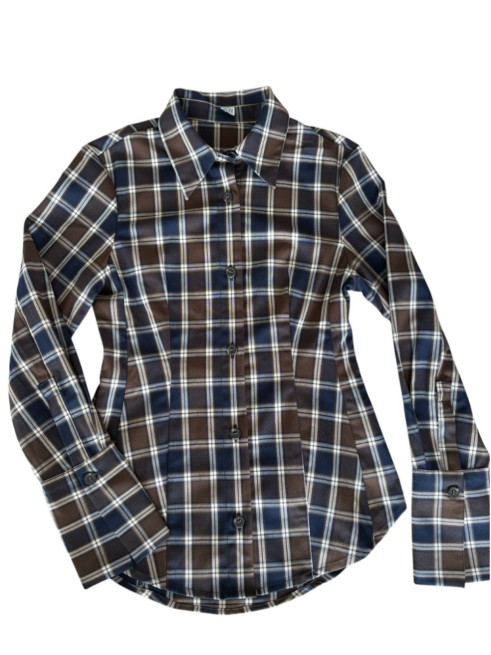 TOTEME Kimono Sleeve Poplin Shirt Tailored Plaid Brown Navy Check EU 42 NWOT - Picture 10 of 13